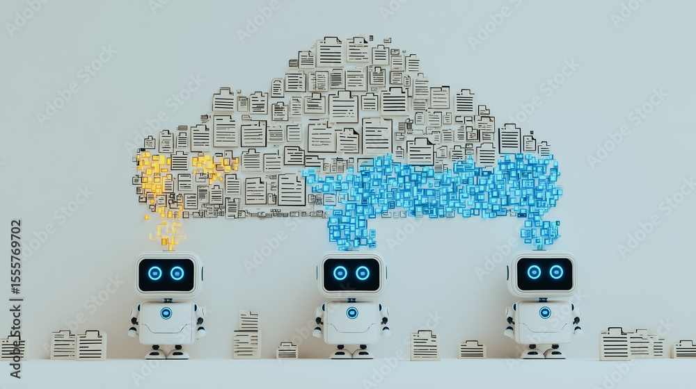 Poster cloud robotics: a digital representation of cloud robotics, featuring robots interacting with a data
