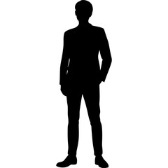 Silhouette of a man in a suit standing with one hand in his pocket against white background