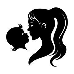 Silhouette illustration of a mother with ponytail and baby facing each other in black and white