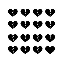 A collection of sixteen black broken heart icons arranged in a rectangular grid pattern