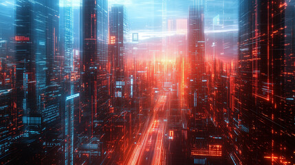 Futuristic metropolis view showcases towering skyscrapers with vibrant red and blue hues dominating the cityscape, creating a dynamic visual experience.