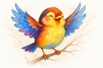 Obraz premium Joyful Cartoon Sparrow Spreading Wings on White Background with Branch Silhouette
