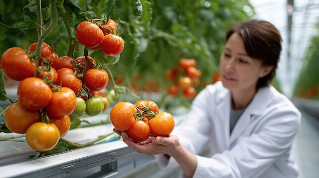 Agronomist holding fresh tomatoes in greenhouse, cultivating quality produce