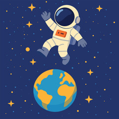 Naklejka premium Flat vector illustration of an astronaut floating in zero gravity above planet Earth with stars in the background. 