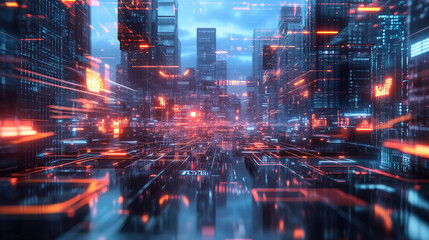 Futuristic metropolis showcases glowing digital lines and skyscrapers in a vibrant cyberpunk style for technology concepts.