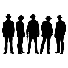 Silhouette of five men wearing hats and suits, one holding a gun, standing in a row on white
