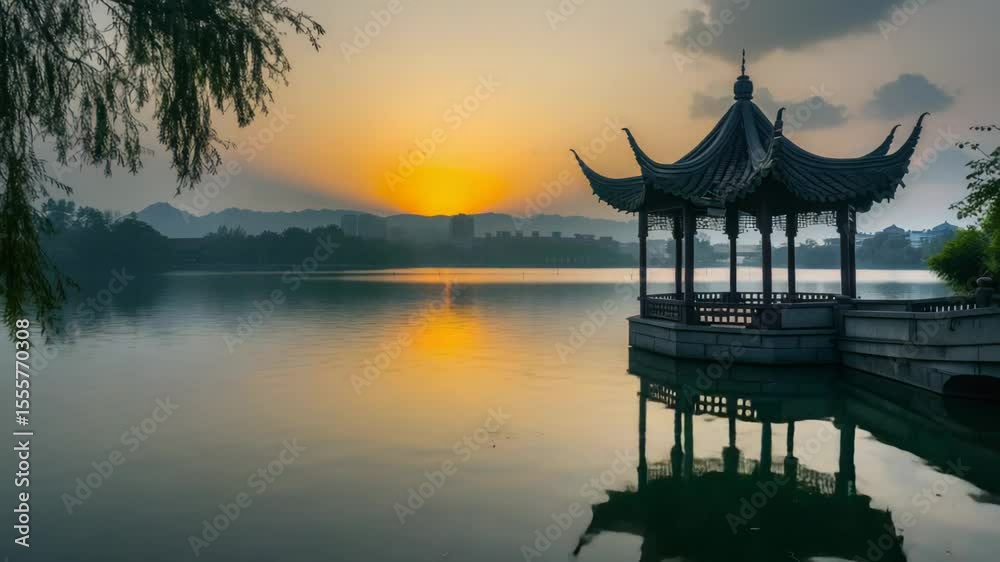 Poster a small structure situated above a lake, suitable for relaxation or events