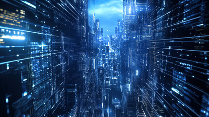 Blue digital city illustration shows a futuristic landscape perfect for tech or data visualization backgrounds with abstract light lines.