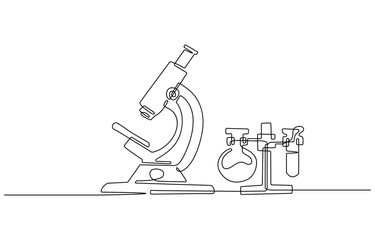 Continuous one line drawing of microscope - laboratory equipment. Microscope and laboratory test tube. in single line draw illustration. Editable stroke. Microscope Continuous Line Illustration