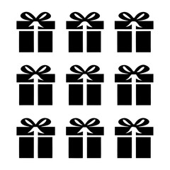 Nine black gift box icons arranged in a grid pattern on a white background illustration