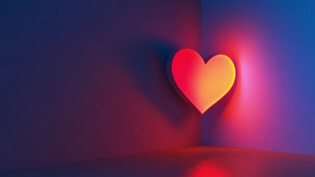 Illuminated heart shape casting colorful shadows in a dimly lit corner, creating an ambiance