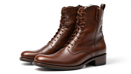 A pair of elegant brown leather boots with laces sit on a white background, ideal for fashion, style, or product presentation.