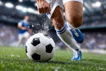 Fototapeta premium Dynamic soccer player strikes the ball on a stadium field during a game