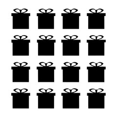 A grid arrangement of sixteen identical black gift box silhouettes with bow tie ribbons