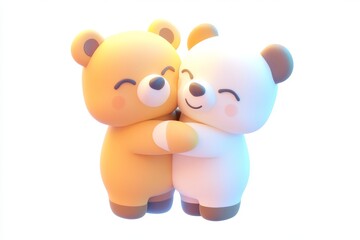 Naklejka premium 3D cartoon hugging bears in warm brown and cream white on white background in ultra-high-definition isometric view