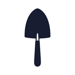 A simple dark blue garden trowel with a rounded blade and handle on a white background