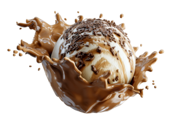 Vanilla chocolate swirl ice cream splash with dark chocolate flakes isolated on transparent background