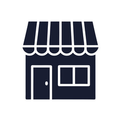 A dark blue storefront icon with striped awning is isolated on white background