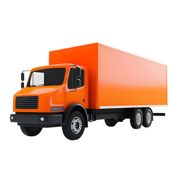 Orange delivery truck on a black background.