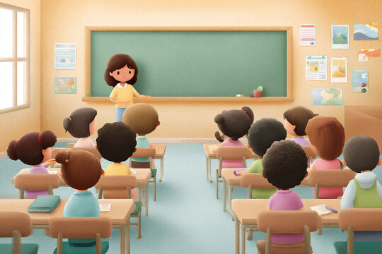 Illustration of a diverse classroom setting, children attentively listening to their teacher in a warm, inviting learning environment.