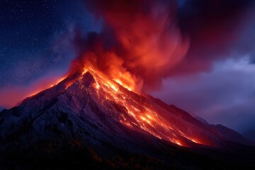 Volcano eruption creates stunning display of lava and ash in dramatic night sky
