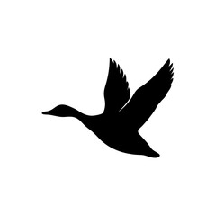 A black silhouette of a flying duck isolated on white background