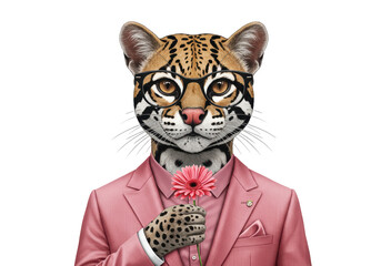 Isolated Anthropomorphic Ocelot Wearing Suit and Holding Flower