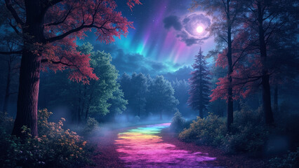 Night forest scene with rainbow path aurora borealis full moon and colorful trees in a dreamy atmosphere
