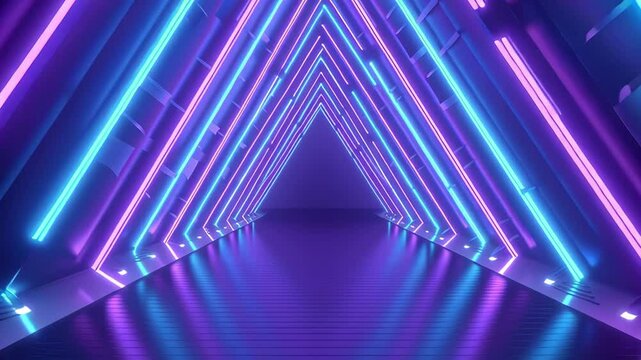 A neon colored tunnel with purple and blue lights. The tunnel is long and narrow, and the lights are arranged in a way that creates a sense of depth and movement. Scene is energetic and futuristic