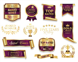 Top rated and award winner gold and purple badge and emblem collection stock illustration