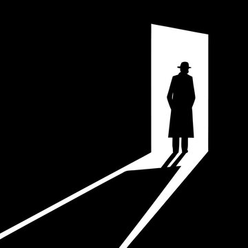 Silhouette of a man in a hat and coat standing in a doorway, light and shadow