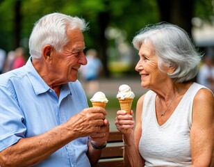 elderly woman and man eating ice cream on a park bench.