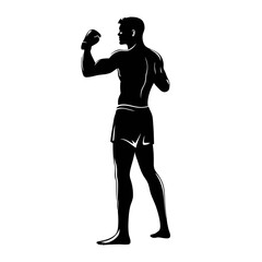 A powerful silhouette of a male boxer in a fighting stance, isolated on white background