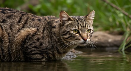 Obraz premium Striped Cat Drinking Water in Nature