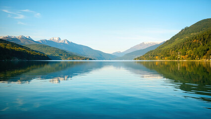 Tranquil lake scene with mountain backdrop featuring snow-capped peaks and lush green forested hills under a clear blue sky