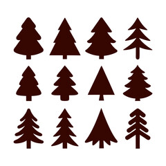 Collection of twelve brown christmas tree silhouettes arranged on a white background image