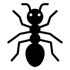 Isolated black ant with six legs and antennae on a white background in simple graphic style