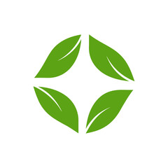 A symmetrical arrangement of four green leaves forming a square on a white background view