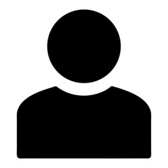 A simple black silhouette of a person with a round head and broad shoulders on white back