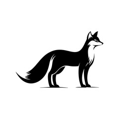A stylized black and white illustration of a fox standing in profile against white background