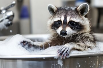 Raccoon Bathing in Soap Suds-Filled Tub