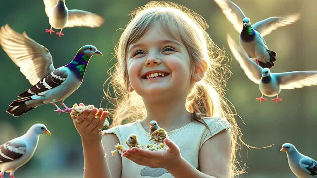 Happy little girl joyfully feeds pigeons in a sunny park during late afternoon, Happy little girl enjoy smiling feeding pigeons with bread crumbs birds fly on her hands