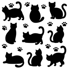 A collection of nine black cat silhouettes with various poses and paw prints scattered about