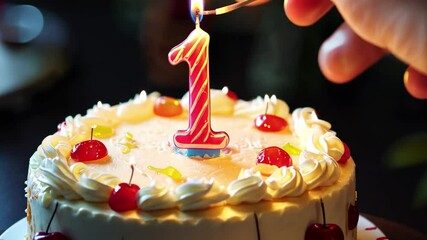 Celebrating a first birthday with a candle on a cake, Parent hand put on a candle digit one on a birthday cake before celebrating a baby party