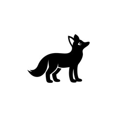A stylized black silhouette of a fox standing on a white background looking to the right