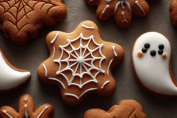 Festive homemade Halloween cookies shaped like ghosts, spiders, and moons. Decorated with white icing and arranged on a grey surface.