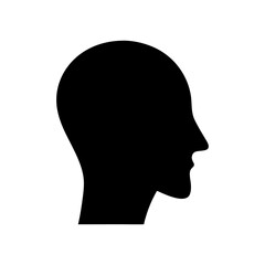 A stark silhouette of a human head in profile against a plain white background image view