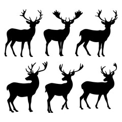 Silhouette illustration of six deer with antlers in various poses on a white background