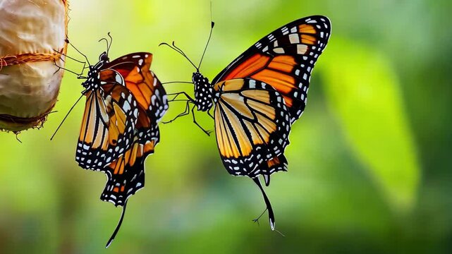 Monarch butterfly emerges from cocoon and spreads its wings in a vibrant garden during daylight, Monarch butterfly emerging from cocoon, spreading its beautiful wings and flying away