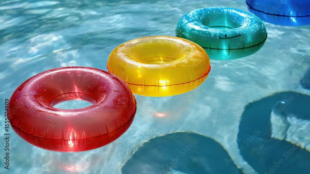 Poster Three colorful inflatable rings floating on the surface of a pool